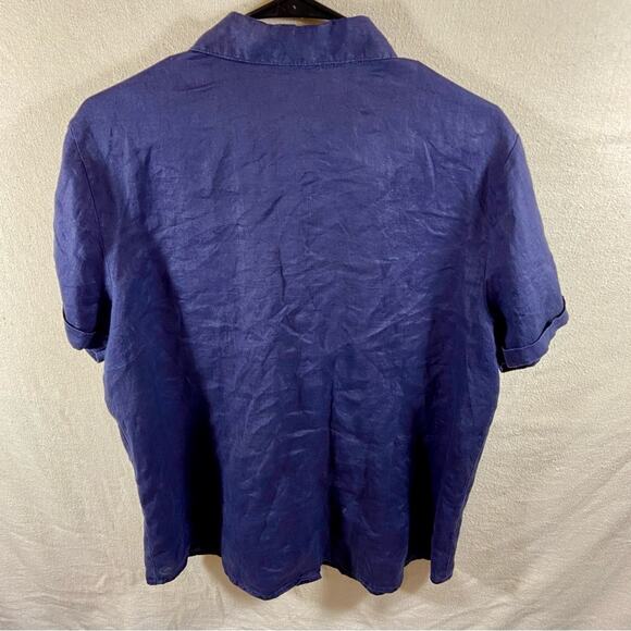 August silk women 100% linen navy blue button up shirt sleeve shirt breathable - Picture 7 of 8